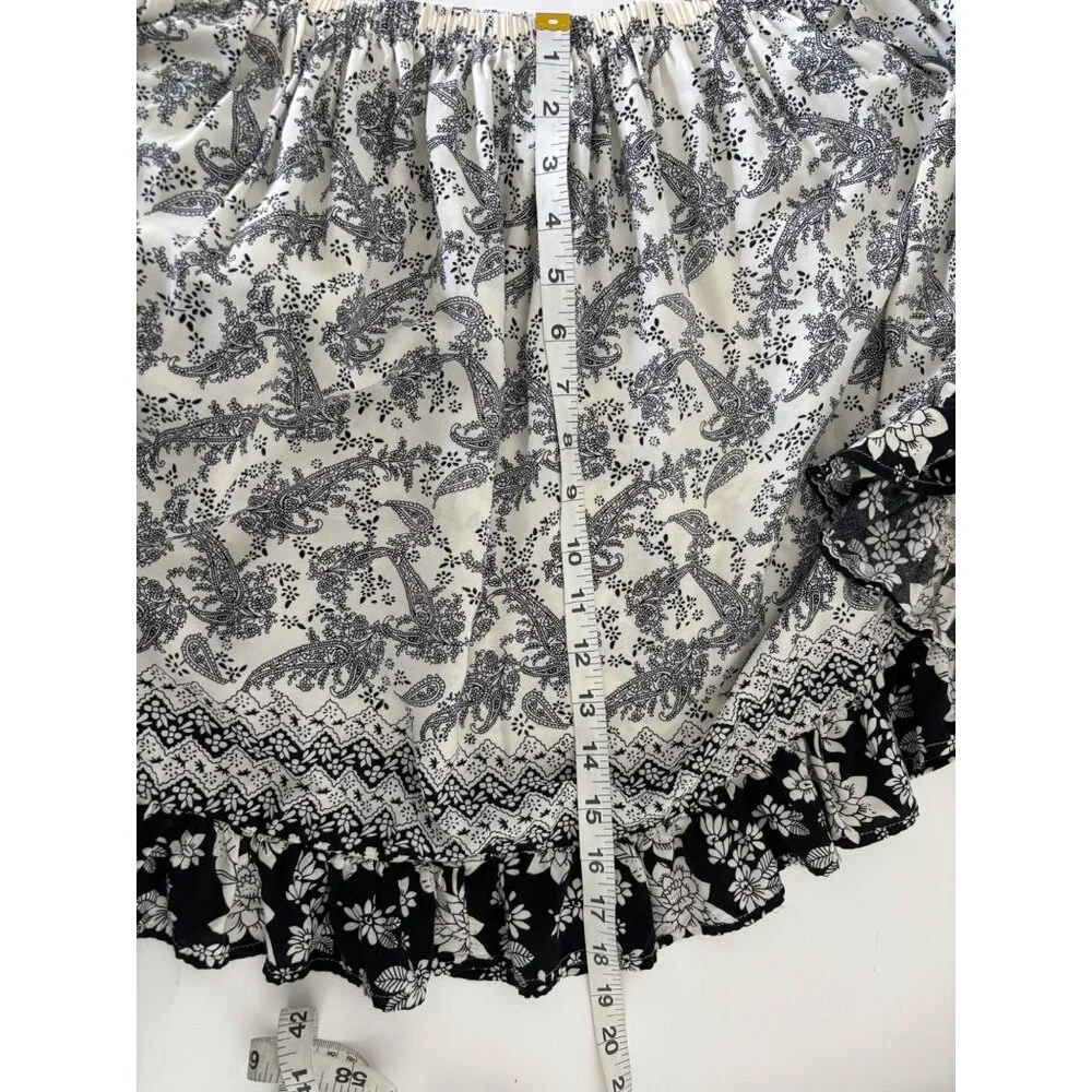 Ruffle Hem Skirt Large Black White Floral Paisley Boho Cottagecore Festival - Picture 8 of 13